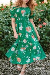 Floral Print Bubble Sleeve Smocked Tiered Midi Dress OutfitFlow